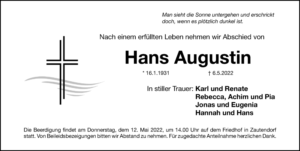  Traueranzeige für Hans Augustin vom 11.05.2022 aus Fürther Nachrichten Lokal