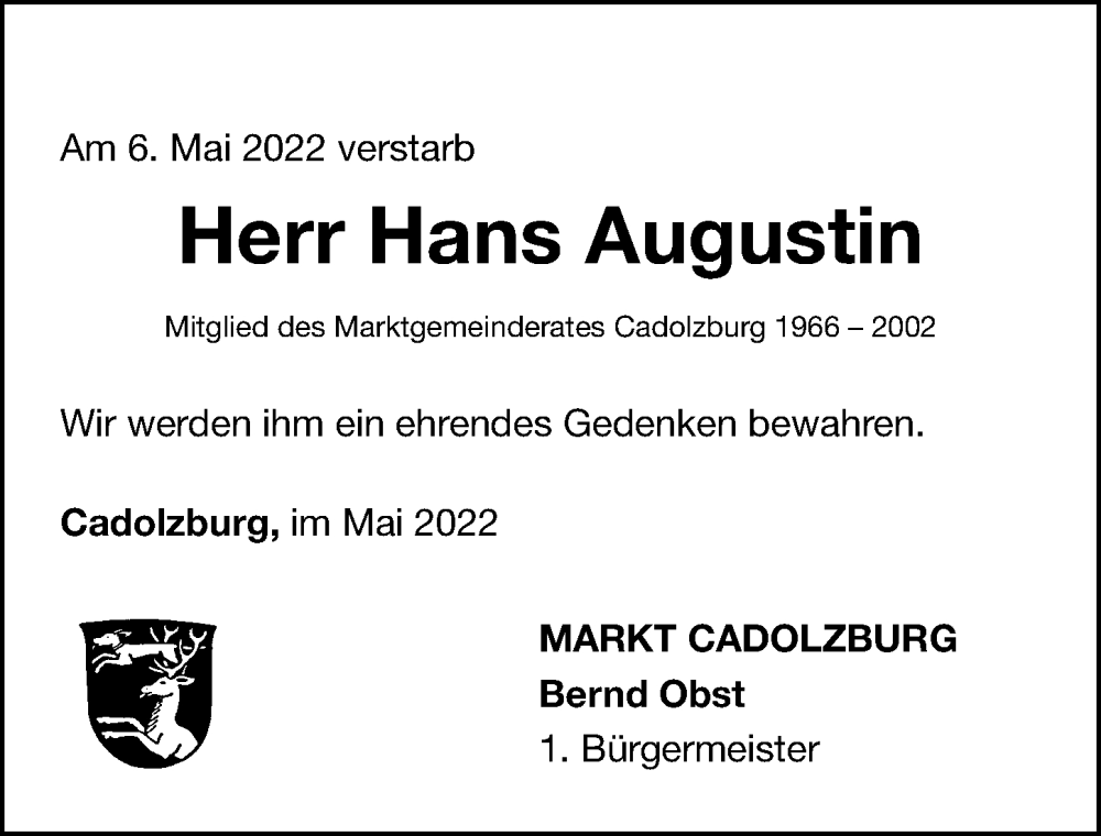  Traueranzeige für Hans Augustin vom 12.05.2022 aus Fürther Nachrichten Lokal