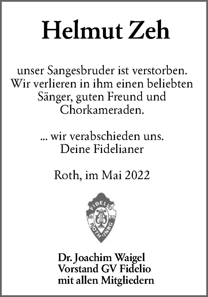  Traueranzeige für Helmut Zeh vom 17.05.2022 aus Roth-Hilpoltsteiner Volkszeitung Lokal