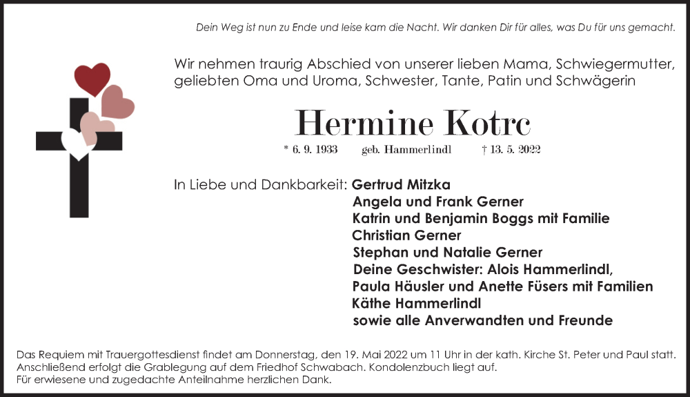  Traueranzeige für Hermine Kotrc vom 17.05.2022 aus Schwabacher Tagblatt Lokal