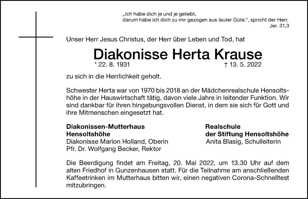  Traueranzeige für Herta Krause vom 19.05.2022 aus Altmühl-Bote Lokal