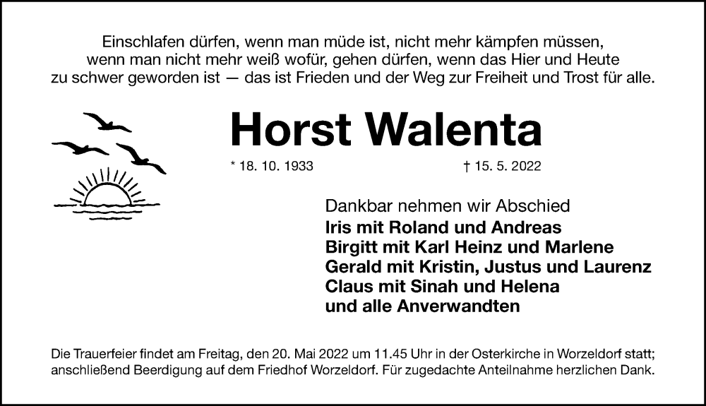  Traueranzeige für Horst Walenta vom 18.05.2022 aus Gesamtausgabe Nürnberger Nachrichten/ Nürnberger Ztg.