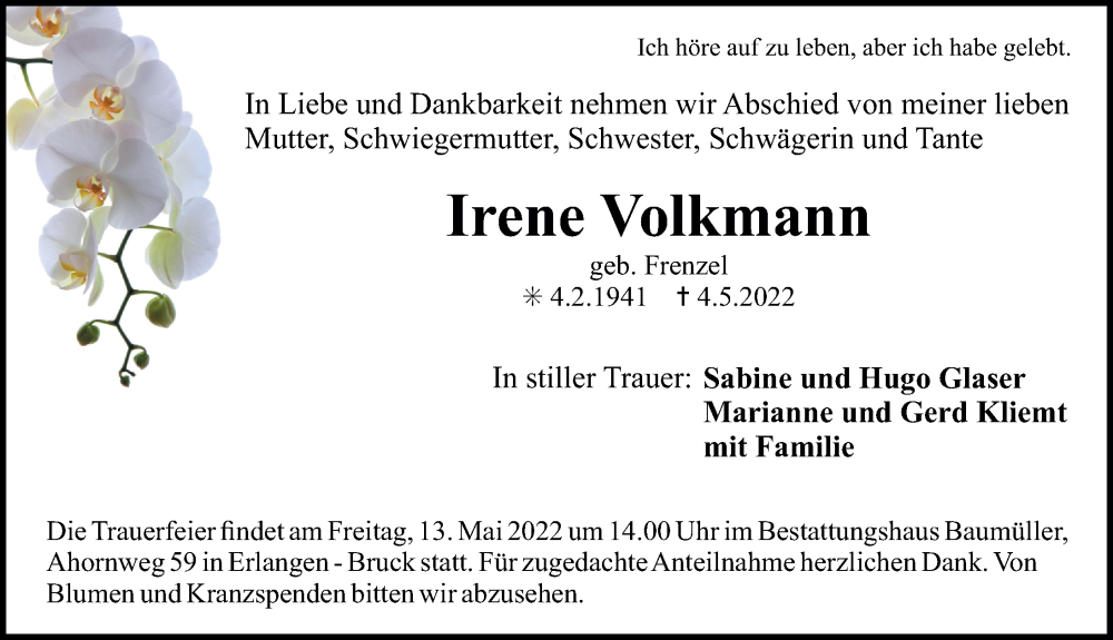  Traueranzeige für Irene Volkmann vom 11.05.2022 aus Erlanger Nachrichten Lokal