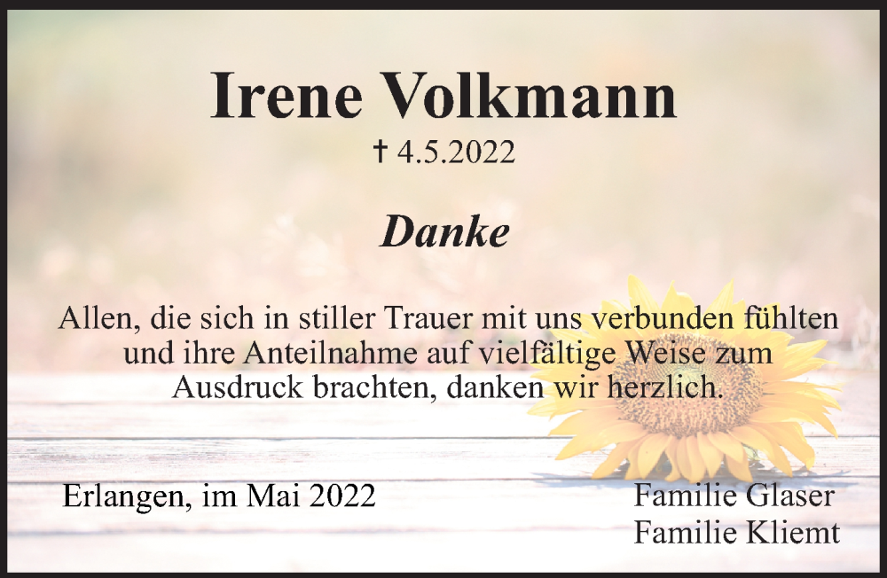  Traueranzeige für Irene Volkmann vom 21.05.2022 aus Erlanger Nachrichten Lokal