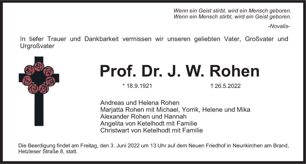  Traueranzeige für J. W. Rohen vom 01.06.2022 aus Gesamtausgabe Nürnberger Nachrichten/ Nürnberger Ztg./ Erlanger Nachrichten