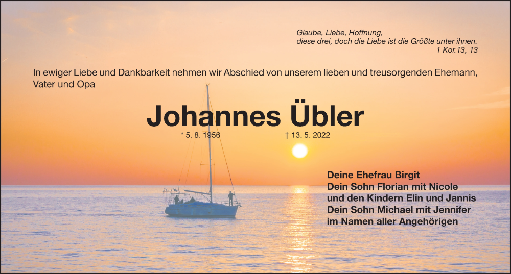  Traueranzeige für Johannes Übler vom 17.05.2022 aus Gesamtausgabe Nürnberger Nachrichten/ Nürnberger Ztg.
