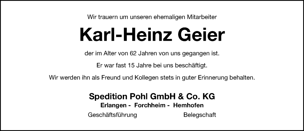  Traueranzeige für Karl-Heinz Geier vom 19.05.2022 aus Nordbayerische Nachrichten Forchheim Lokal