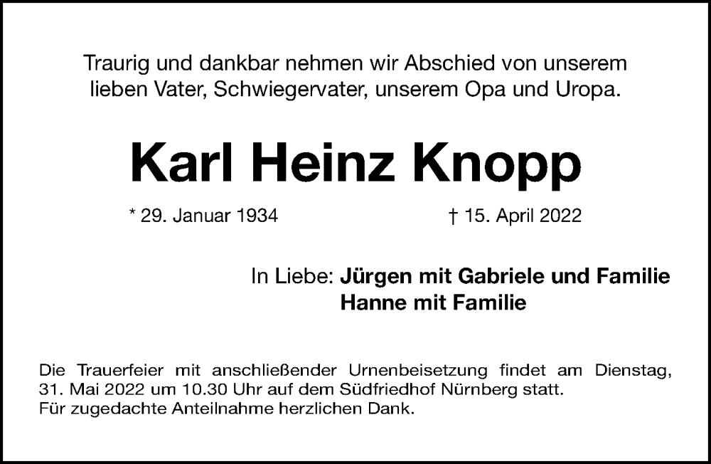  Traueranzeige für Karl Heinz Knopp vom 21.05.2022 aus Gesamtausgabe Nürnberger Nachrichten/ Nürnberger Ztg.