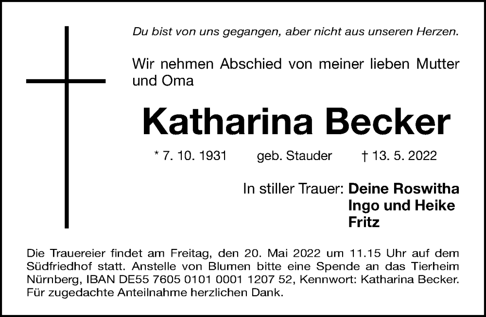  Traueranzeige für Katharina Becker vom 18.05.2022 aus Fürther Nachrichten Lokal