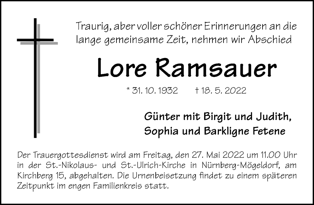  Traueranzeige für Lore Ramsauer vom 21.05.2022 aus Gesamtausgabe Nürnberger Nachrichten/ Nürnberger Ztg.
