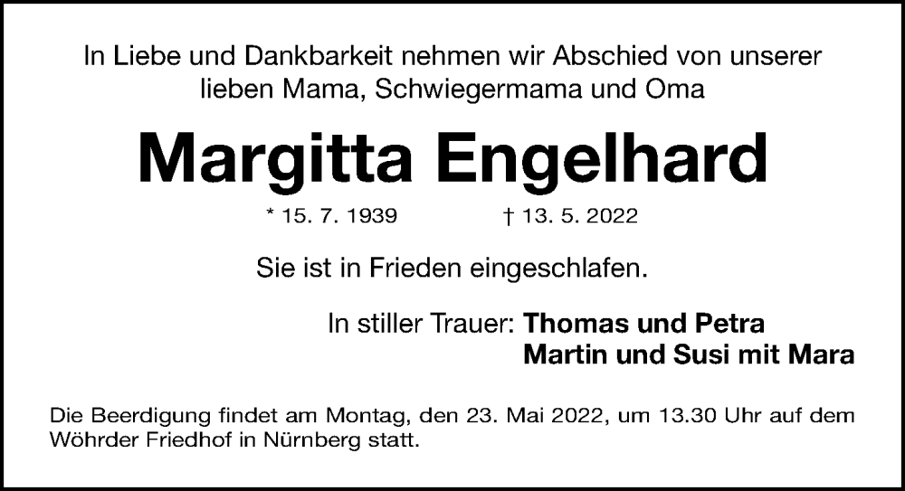  Traueranzeige für Margitta Engelhard vom 18.05.2022 aus Gesamtausgabe Nürnberger Nachrichten/ Nürnberger Ztg.