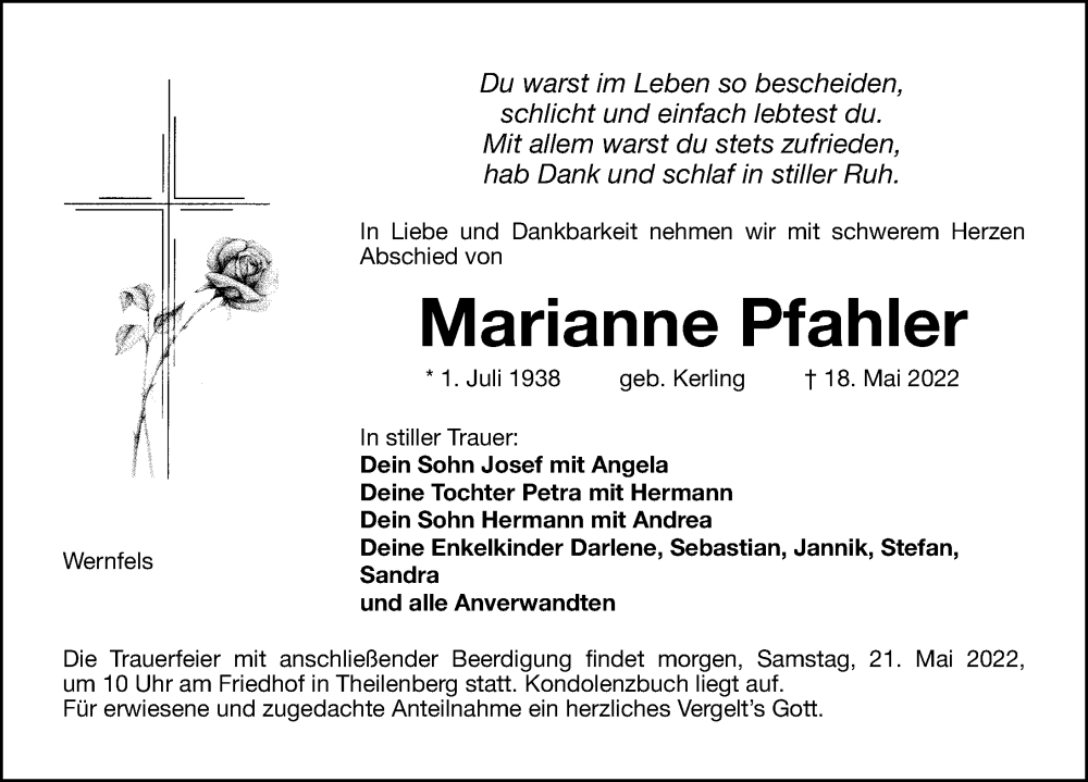  Traueranzeige für Marianne Pfahler vom 20.05.2022 aus HST,HRHV