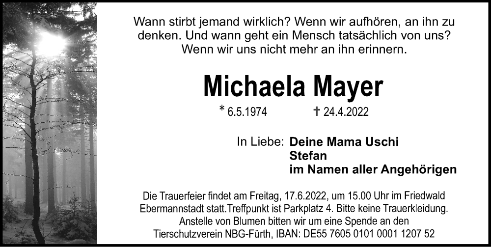  Traueranzeige für Michaela Mayer vom 21.05.2022 aus Erlanger Nachrichten Lokal