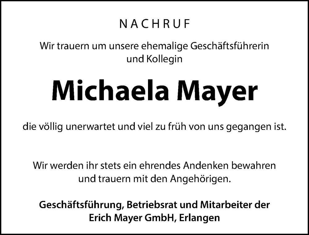  Traueranzeige für Michaela Mayer vom 28.05.2022 aus Erlanger Nachrichten Lokal