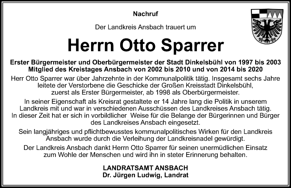  Traueranzeige für Otto Sparrer vom 19.05.2022 aus Altmühl-Bote Lokal