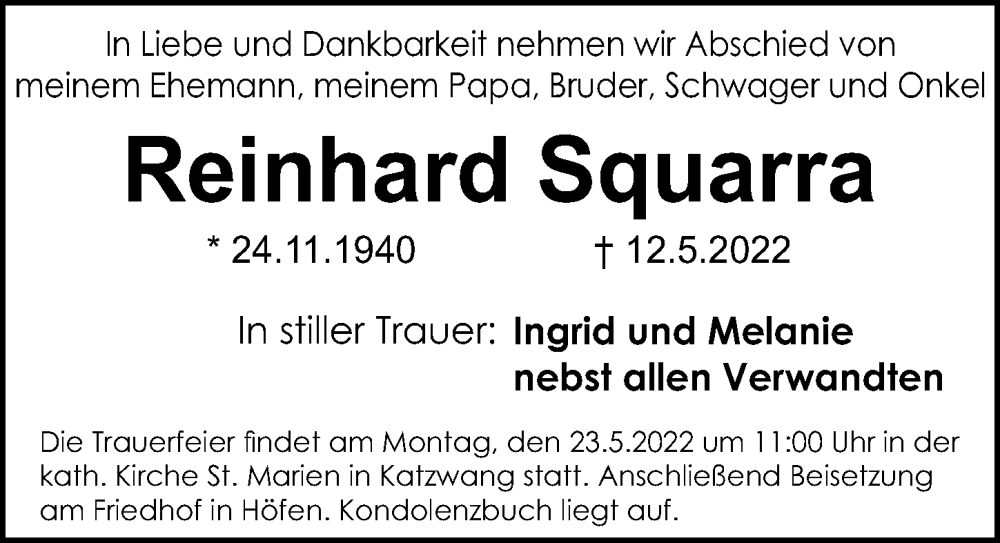  Traueranzeige für Reinhard Squarra vom 21.05.2022 aus Gesamtausgabe Nürnberger Nachrichten/ Nürnberger Ztg.