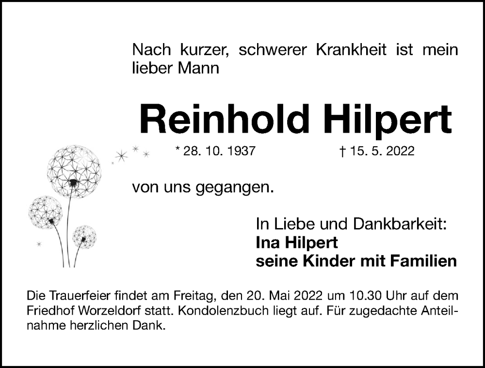  Traueranzeige für Reinhold Hilpert vom 19.05.2022 aus Schwabacher Tagblatt Lokal