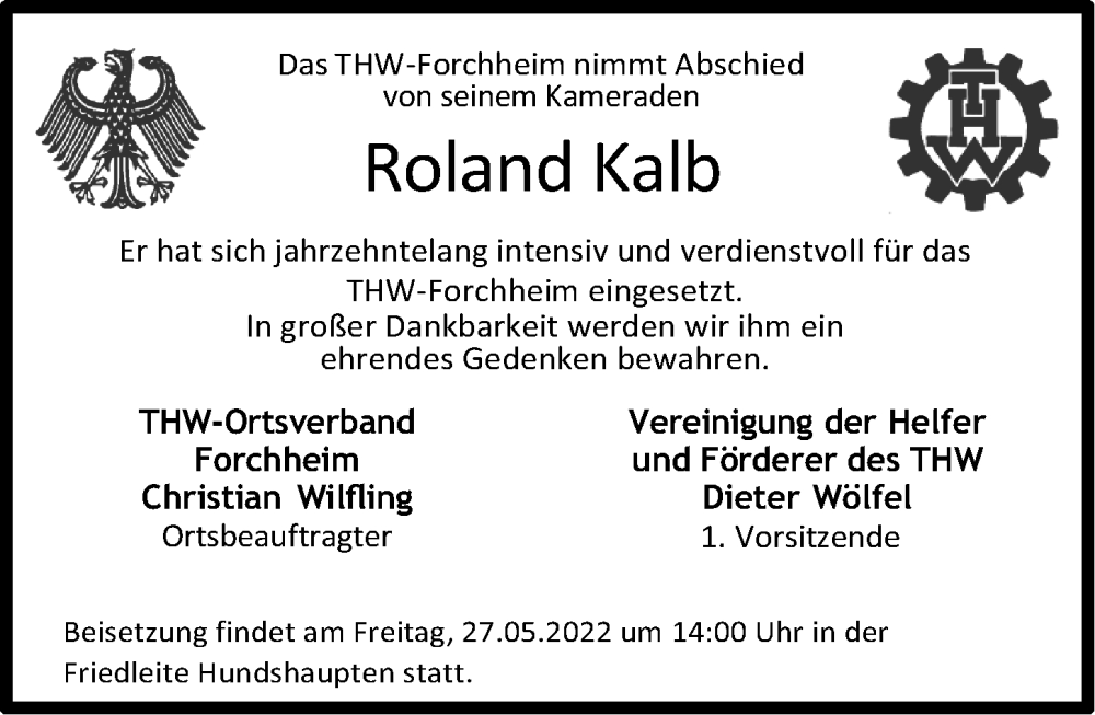  Traueranzeige für Roland Kalb vom 21.05.2022 aus Nordbayerische Nachrichten Forchheim Lokal