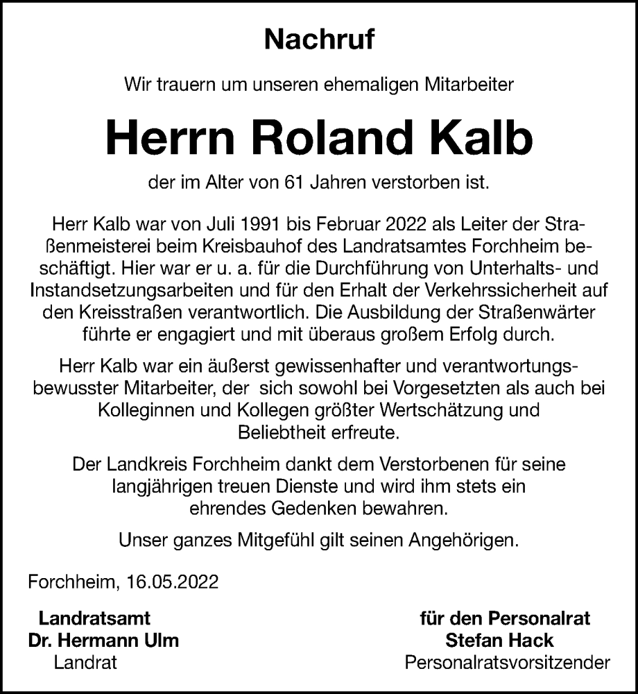 Traueranzeige für Roland Kalb vom 17.05.2022 aus Nordbayerische Nachrichten Forchheim Lokal