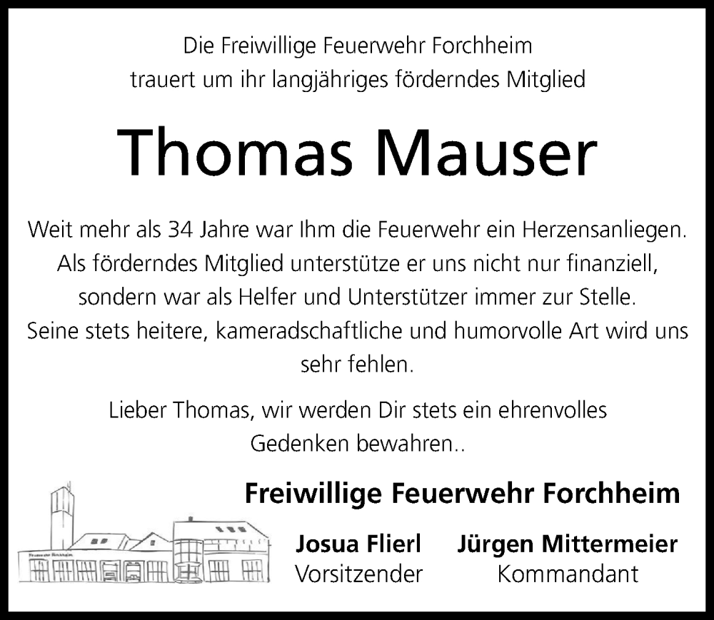  Traueranzeige für Thomas Mauser vom 19.05.2022 aus Nordbayerische Nachrichten Forchheim Lokal