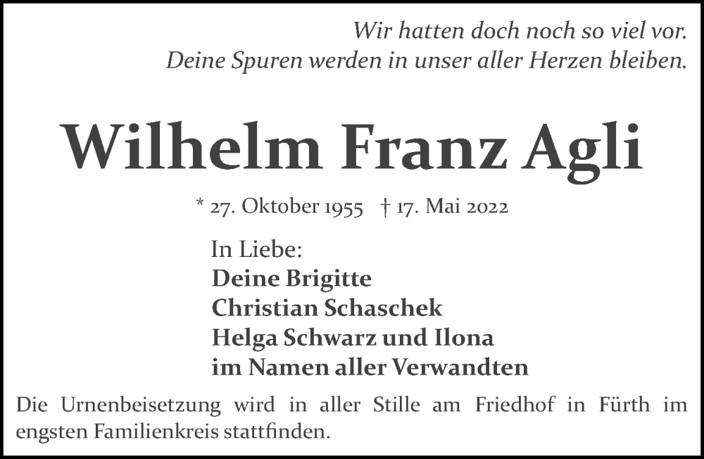  Traueranzeige für Wilhelm Franz Agli vom 21.05.2022 aus Fürther Nachrichten Lokal