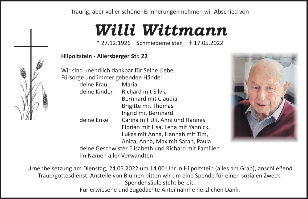  Traueranzeige für Willi Wittmann vom 21.05.2022 aus Roth-Hilpoltsteiner Volkszeitung Lokal