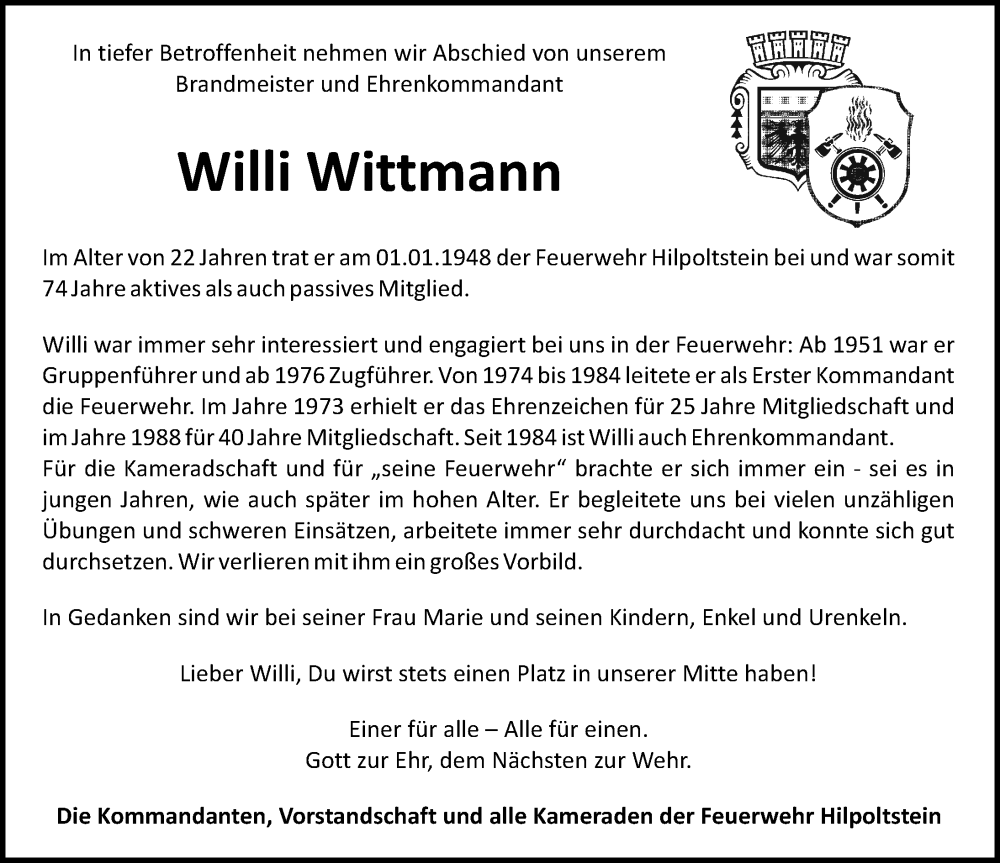  Traueranzeige für Willi Wittmann vom 21.05.2022 aus Roth-Hilpoltsteiner Volkszeitung Lokal