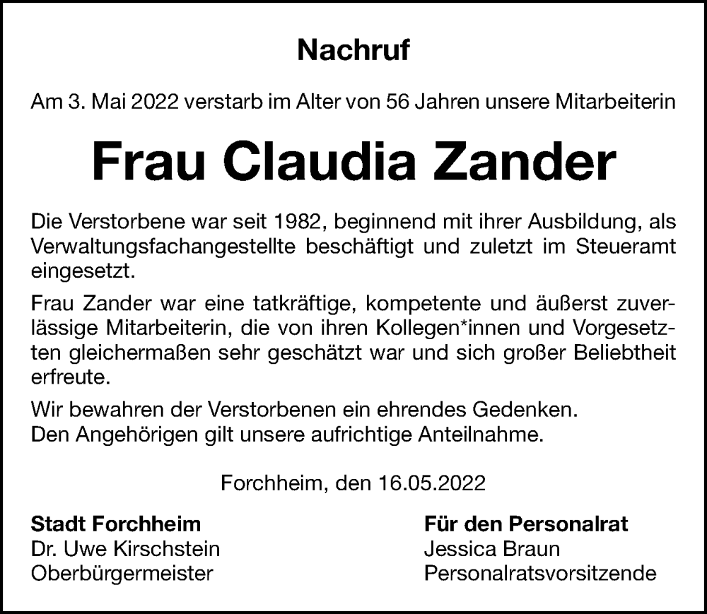  Traueranzeige für Claudia Zander vom 18.05.2022 aus Nordbayerische Nachrichten Forchheim Lokal