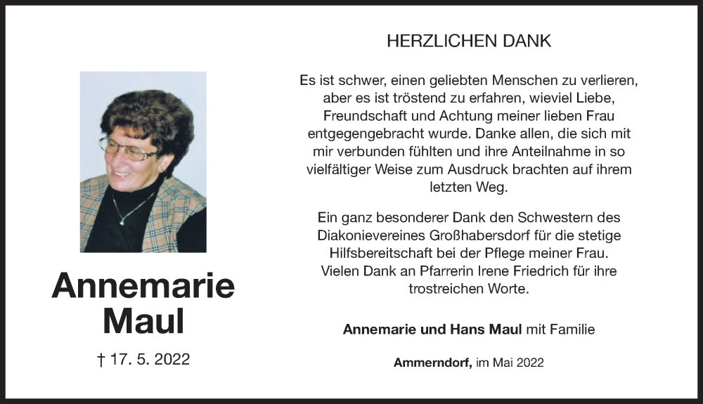  Traueranzeige für Annemarie Maul vom 03.06.2022 aus Fürther Nachrichten Lokal