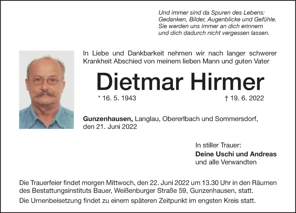  Traueranzeige für Dietmar Hirmer vom 21.06.2022 aus Altmühl-Bote Lokal