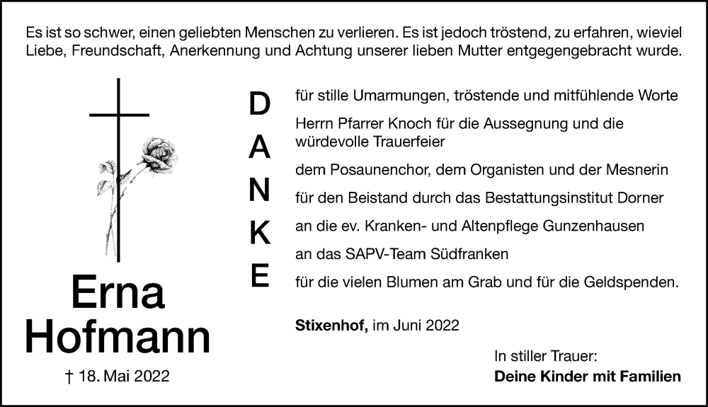  Traueranzeige für Erna Hofmann vom 03.06.2022 aus Altmühl-Bote Lokal