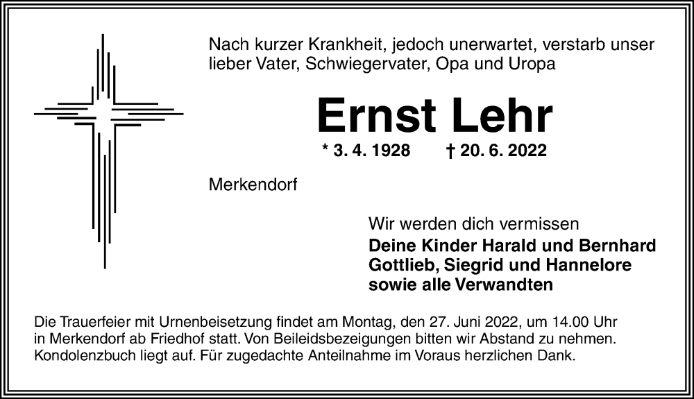  Traueranzeige für Ernst Lehr vom 23.06.2022 aus Altmühl-Bote Lokal