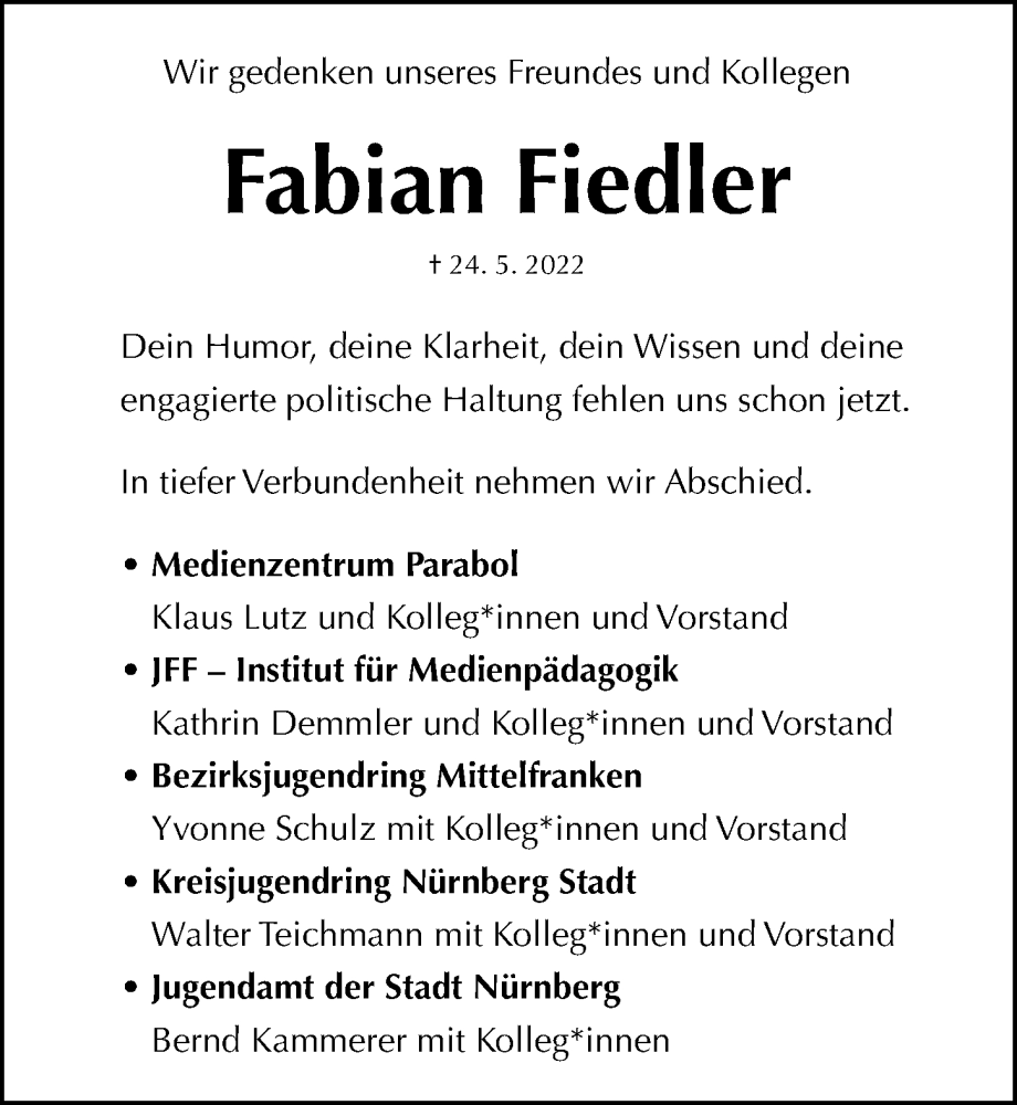  Traueranzeige für Fabian Jürgen Fiedler vom 11.06.2022 aus Gesamtausgabe Nürnberger Nachrichten/ Nürnberger Ztg.