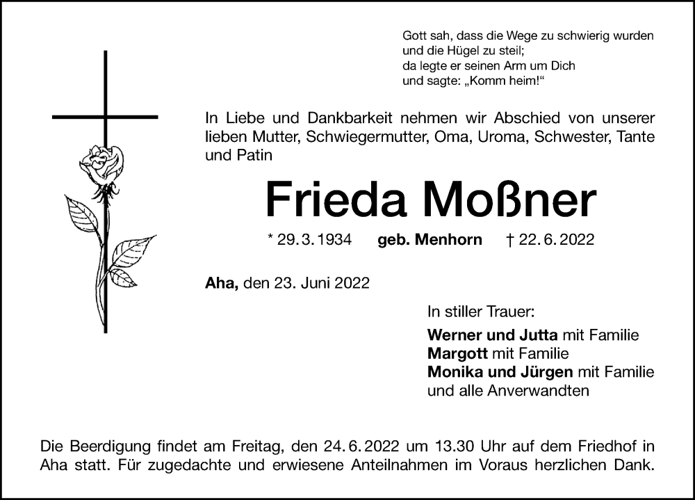  Traueranzeige für Frieda Moßner vom 23.06.2022 aus Altmühl-Bote Lokal