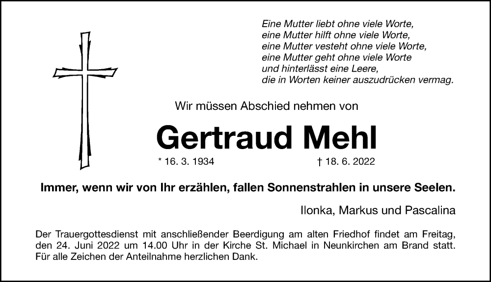  Traueranzeige für Gertraud Mehl vom 22.06.2022 aus Nordbayerische Nachrichten Forchheim Lokal