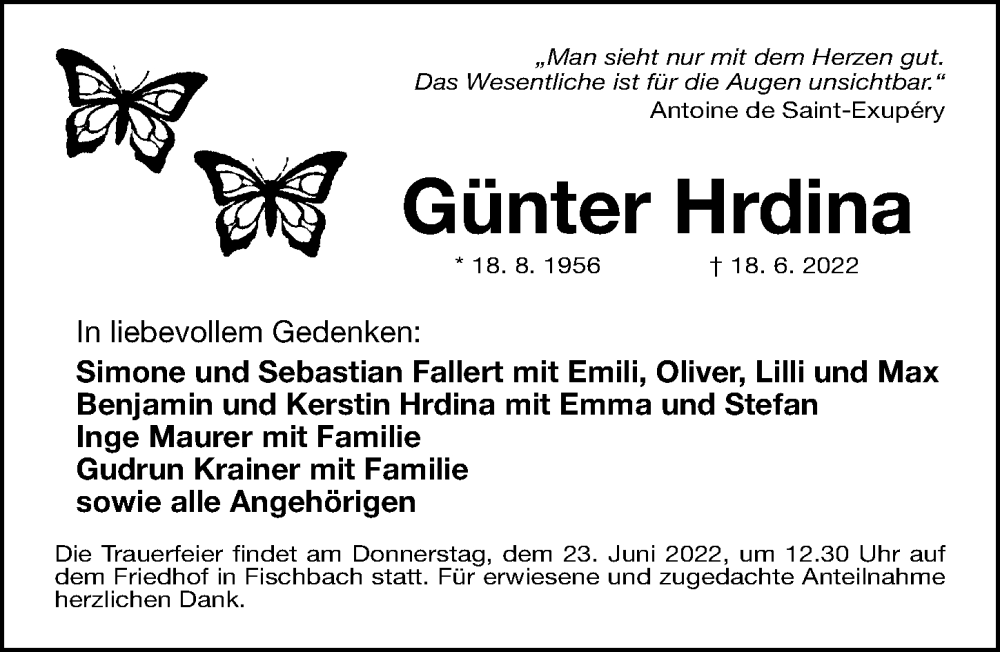  Traueranzeige für Günter Hrdina vom 22.06.2022 aus Gesamtausgabe Nürnberger Nachrichten/ Nürnberger Ztg.