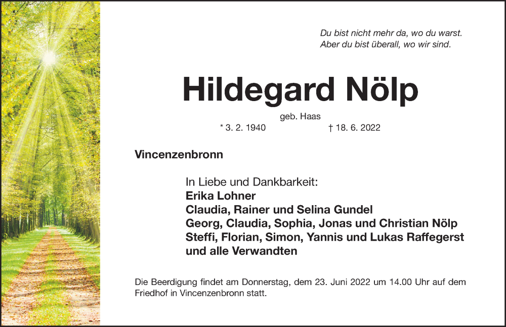  Traueranzeige für Hildegard Nölp vom 21.06.2022 aus Fürther Nachrichten Lokal