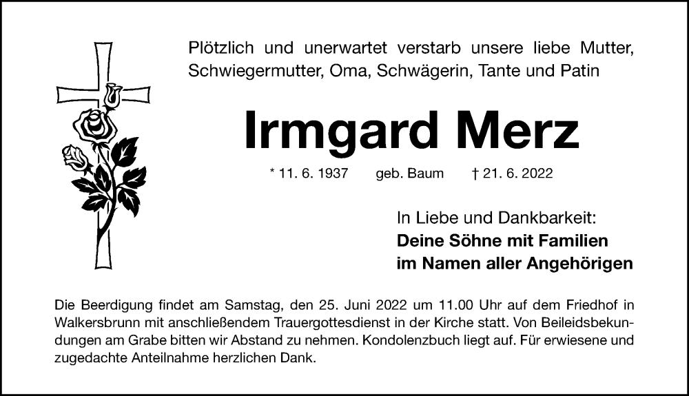  Traueranzeige für Irmgard Merz vom 24.06.2022 aus Nordbayerische Nachrichten Forchheim Lokal