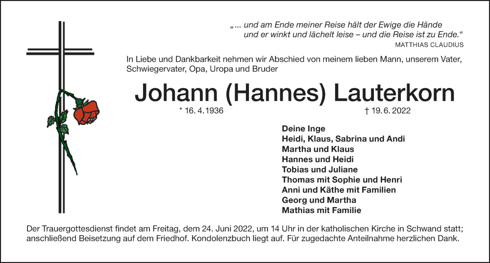  Traueranzeige für Johann Lauterkorn vom 22.06.2022 aus Schwabacher Tagblatt Lokal