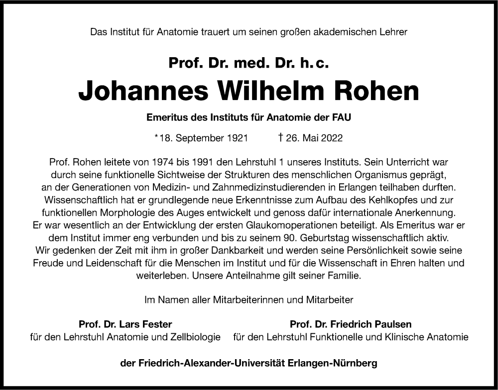  Traueranzeige für J. W. Rohen vom 03.06.2022 aus Gesamtausgabe Nürnberger Nachrichten/ Nürnberger Ztg.