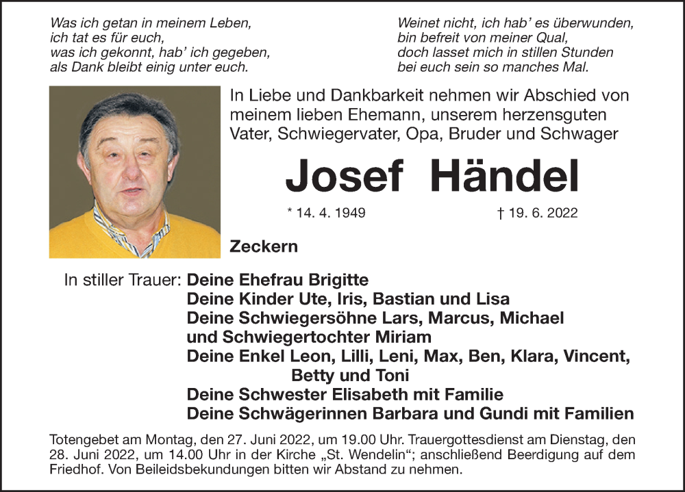  Traueranzeige für Josef Händel vom 23.06.2022 aus Nordbayerische Nachrichten Herzogenaurach Lokal