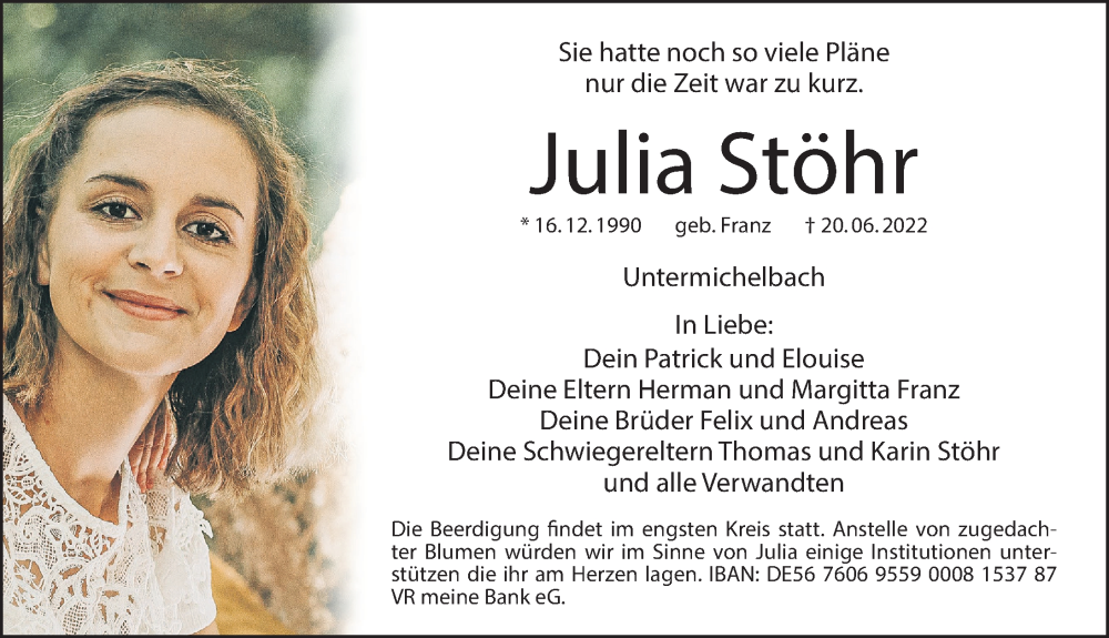  Traueranzeige für Julia Stöhr vom 22.06.2022 aus Fürther Nachrichten Lokal