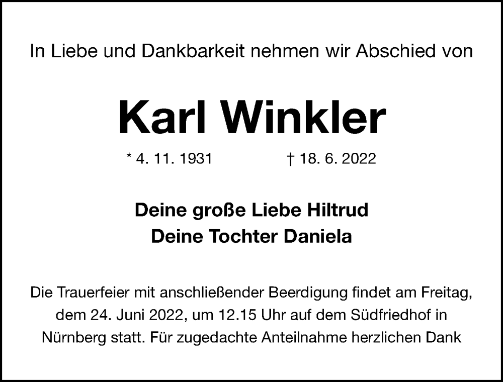 Traueranzeige für Karl Winkler vom 22.06.2022 aus Gesamtausgabe Nürnberger Nachrichten/ Nürnberger Ztg.
