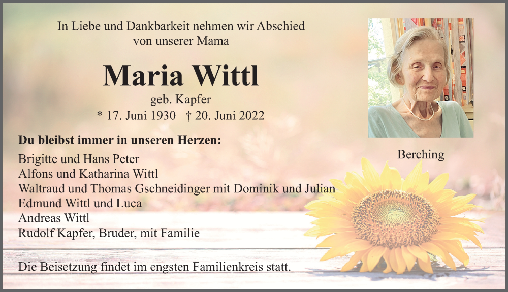  Traueranzeige für Maria Wittl vom 23.06.2022 aus Neumarkter Nachrichten Lokal