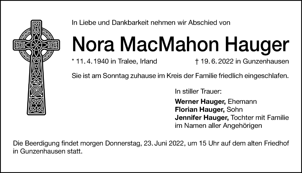 Traueranzeige für Nora MacMahon Hauger vom 22.06.2022 aus Altmühl-Bote Lokal