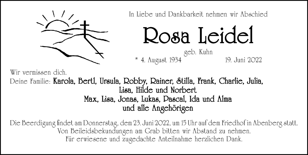  Traueranzeige für Rosa Leidel vom 21.06.2022 aus Schwabacher Tagblatt Lokal