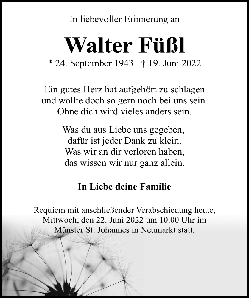  Traueranzeige für Walter Füßl vom 22.06.2022 aus Neumarkter Nachrichten Lokal