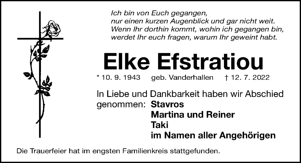  Traueranzeige für Elke Efstratiou vom 23.07.2022 aus Gesamtausgabe Nürnberger Nachrichten/ Nürnberger Ztg.