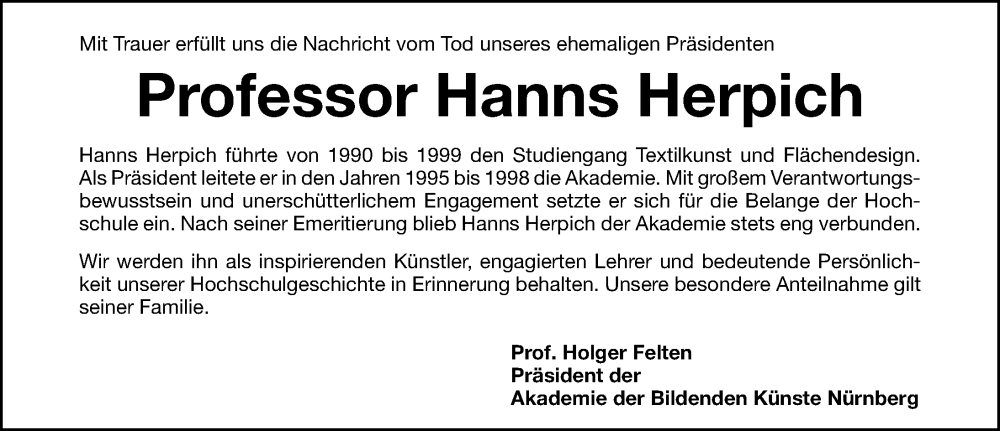  Traueranzeige für Hanns Herpich vom 16.07.2022 aus Gesamtausgabe Nürnberger Nachrichten/ Nürnberger Ztg.