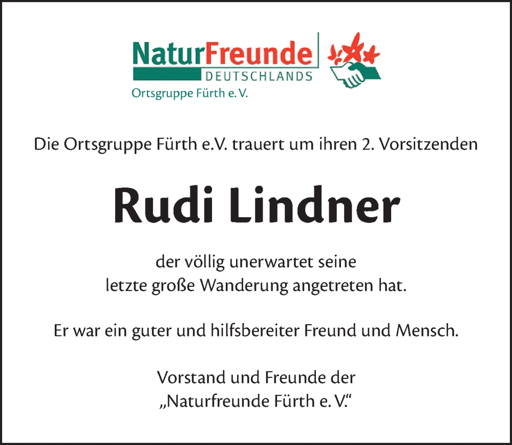  Traueranzeige für Rudi Lindner vom 30.07.2022 aus Fürther Nachrichten Lokal